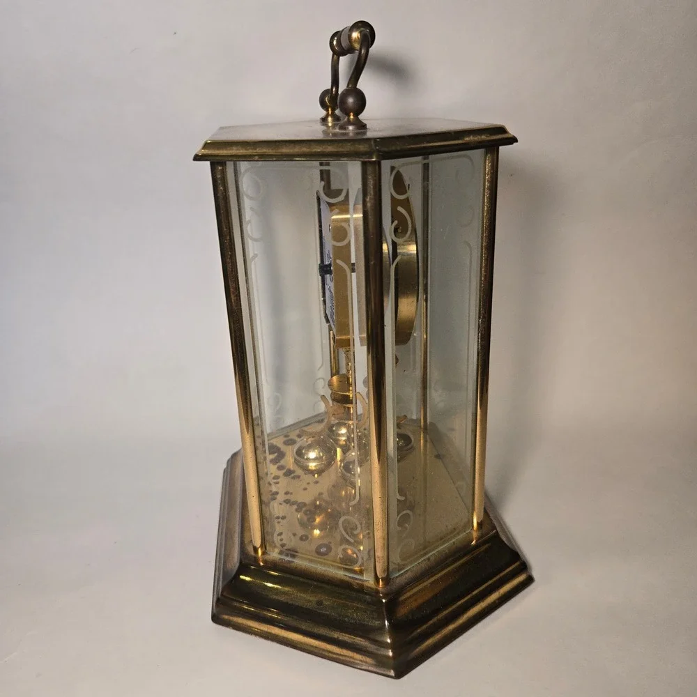 VTG Bulova Anniversary Clock Glass Gold Brass Rotating Pendulum Quartz GERMANY